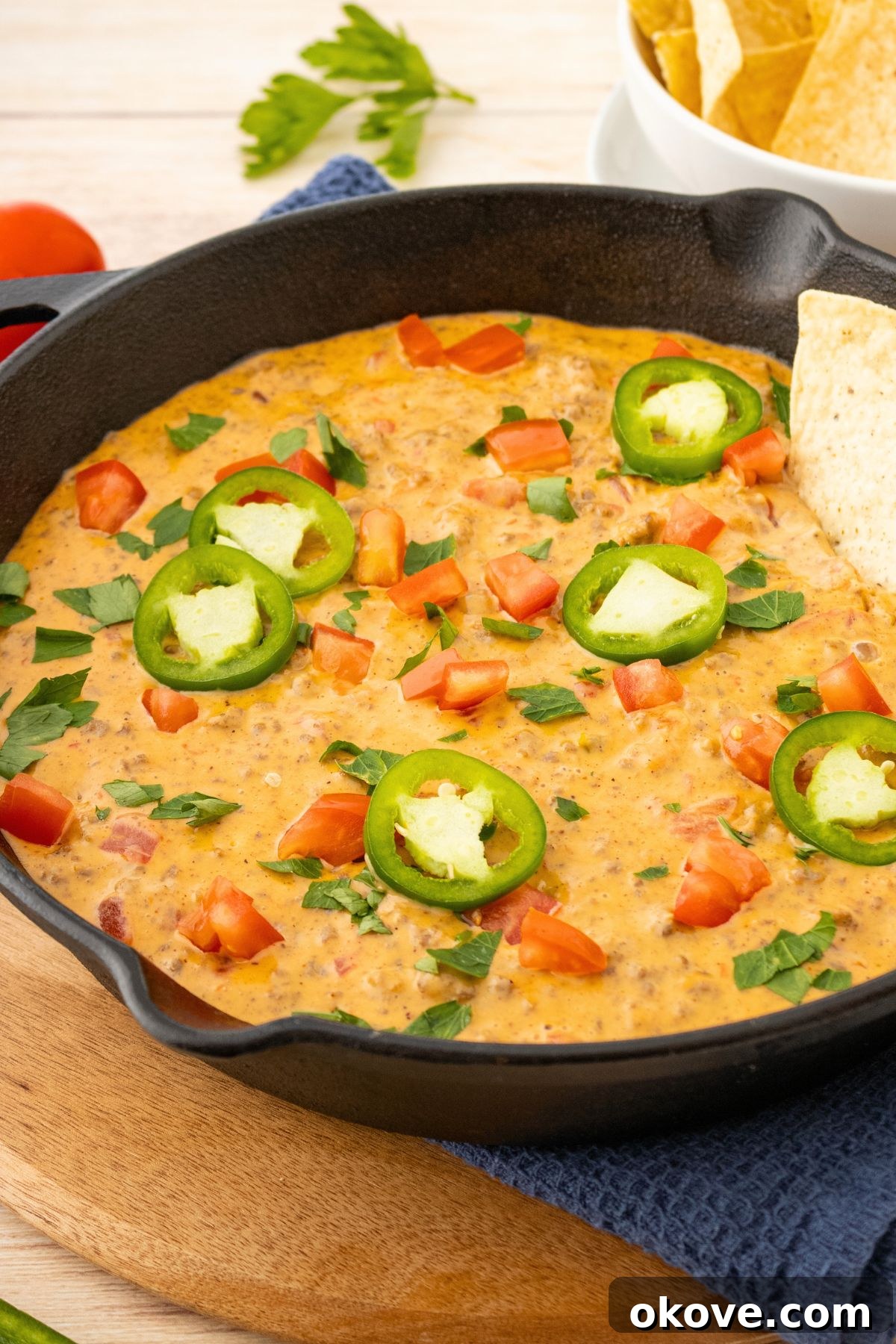 Rotel Fiesta Dip 2 Black skillet filled with Rotel cheese dip topped with chopped tomatoes, sliced jalapenos, and a chip on the side.