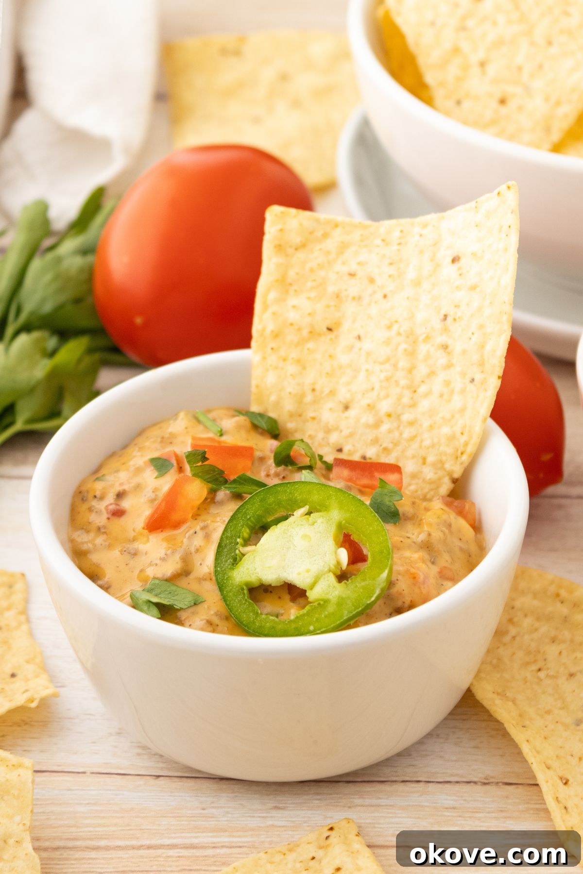 Rotel Fiesta Dip 7 Rotel dip in a small white bowl with tortilla chip dipped off to the side.