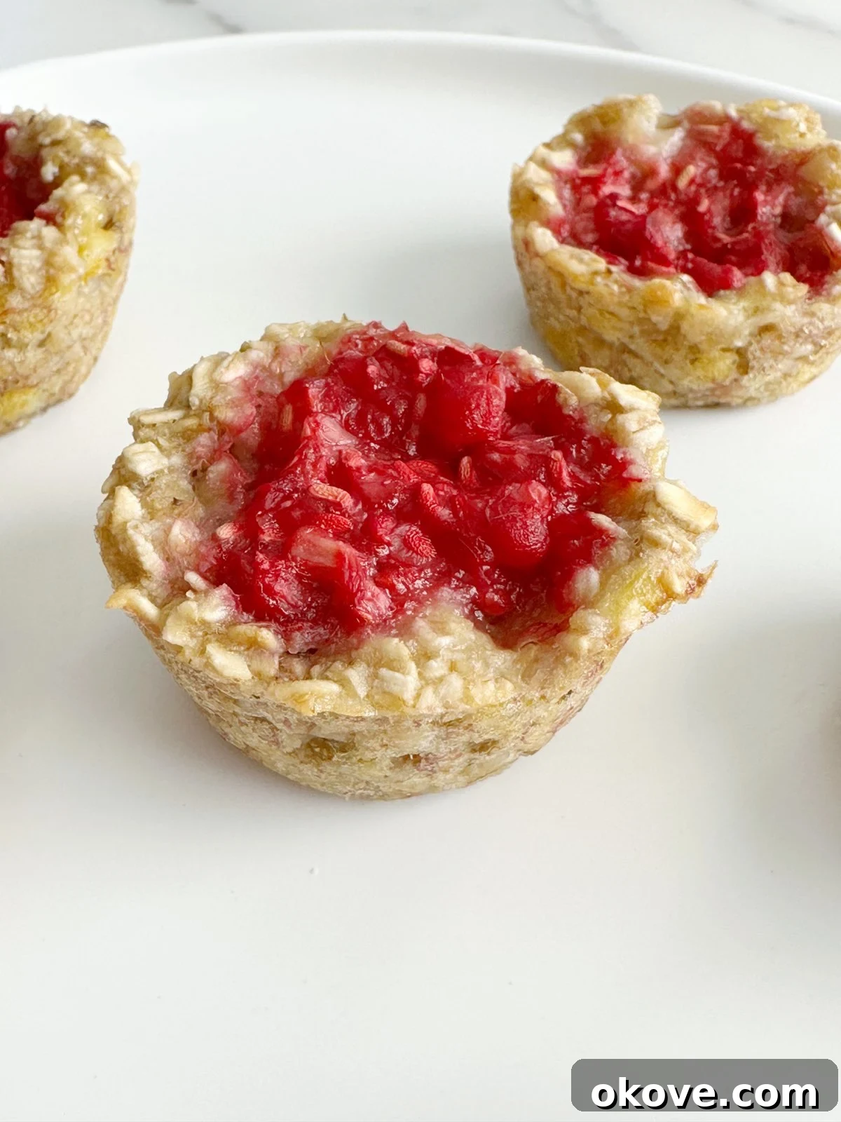 Wholesome Raspberry Oat Bites 3 A single raspberry oat bite up close, showing its delightful texture and raspberry filling
