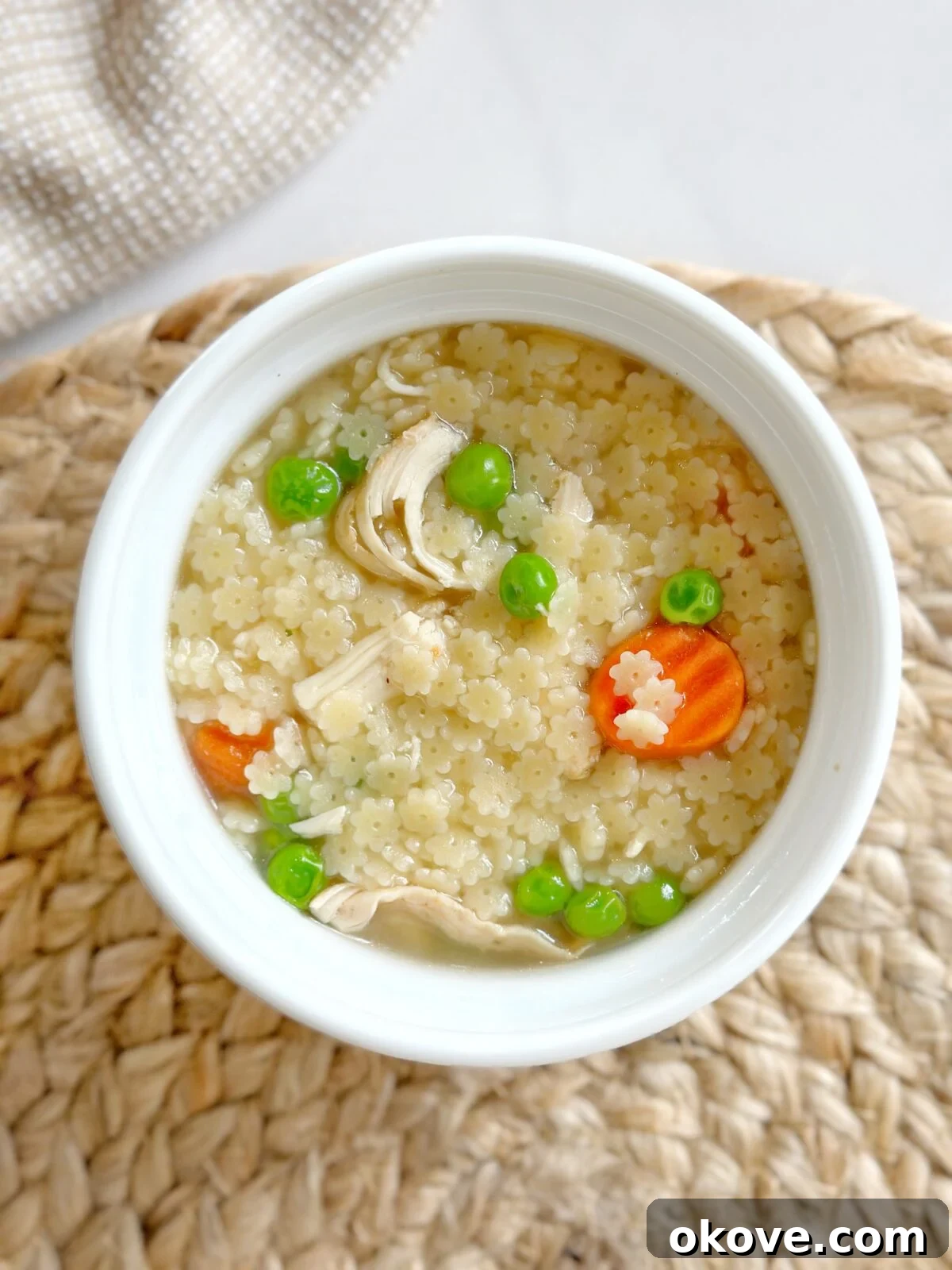 A comforting bowl of 5-ingredient chicken noodle soup, perfect for toddlers, served in a white bowl.