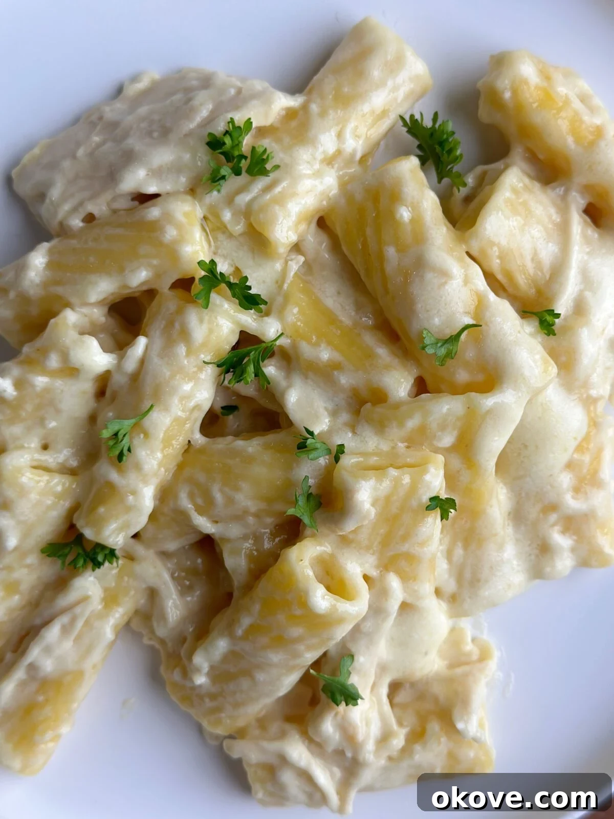 Effortless Creamy Chicken Alfredo 3 Close-up of creamy toddler-friendly slow cooker chicken alfredo with rigatoni pasta.