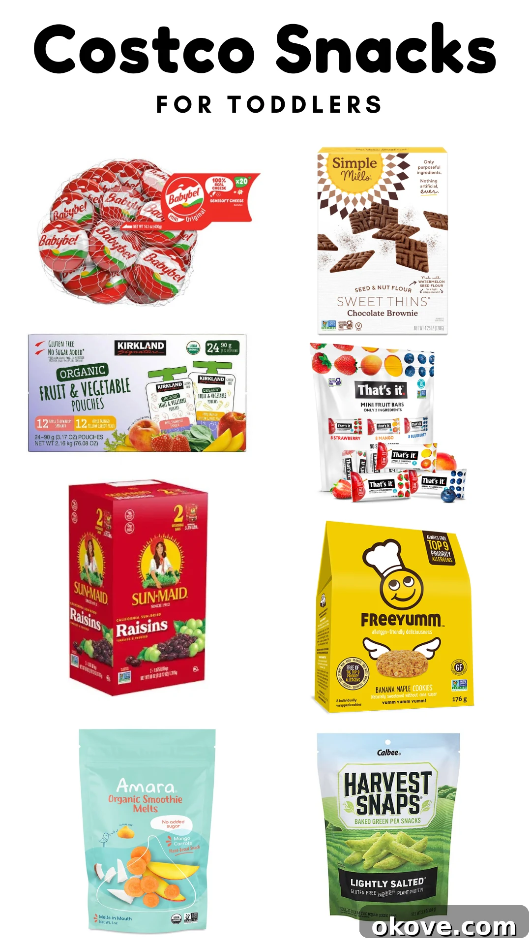 Costco Snack Gems 2 A vibrant graphic showcasing 8 diverse and healthy snack options from Costco specifically chosen for toddlers, including cheese, crackers, fruit pouches, and more, all presented attractively.