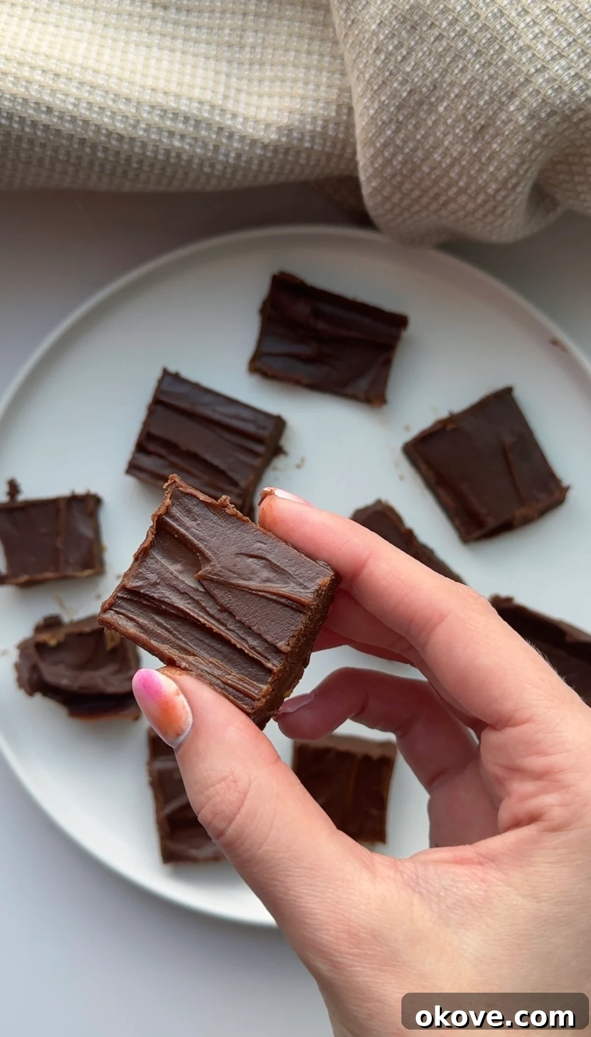 A hand holding a piece of healthy, kid-friendly peanut butter chocolate fudge, ready to be enjoyed.