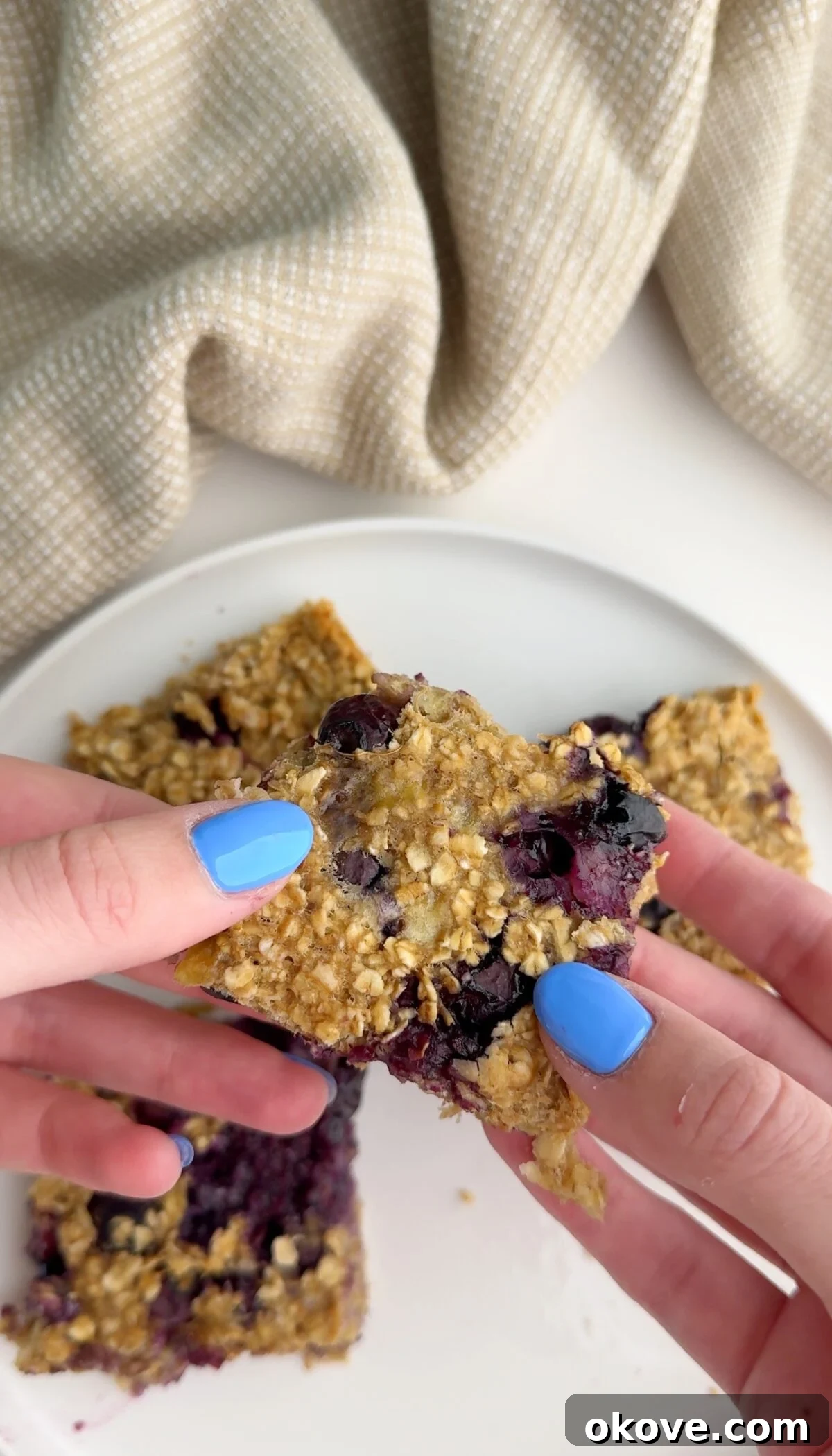 Blueberry Bliss Bars 2 Several homemade blueberry oat bars arranged artfully on a white plate, garnished with fresh blueberries.