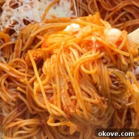 Oven Baked spaghetti, a close-up of the dish