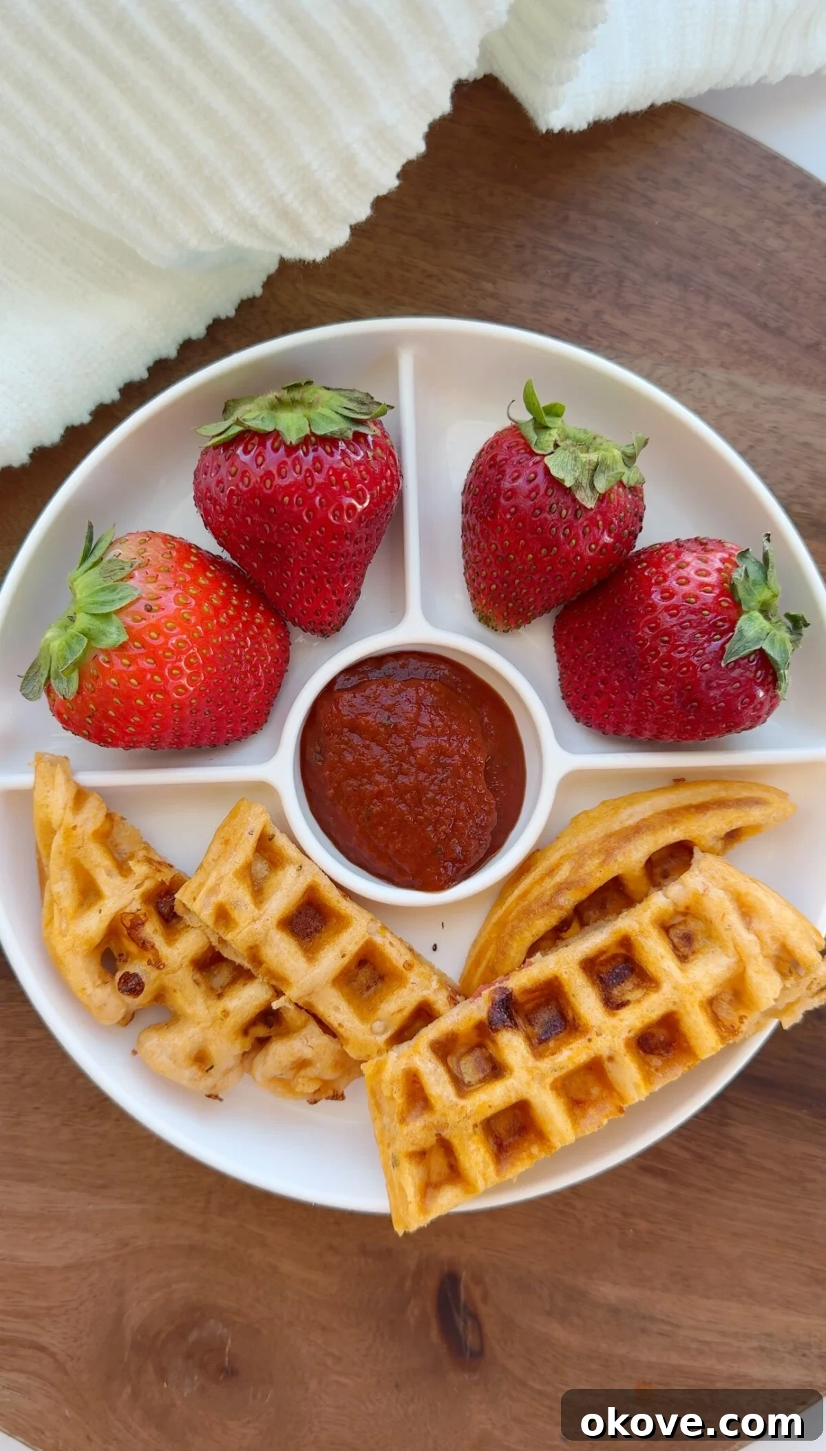 A white divided plate showcasing golden-brown pizza waffle strips alongside vibrant red marinara sauce for dipping and fresh strawberries, highlighting a balanced and appealing meal for children.