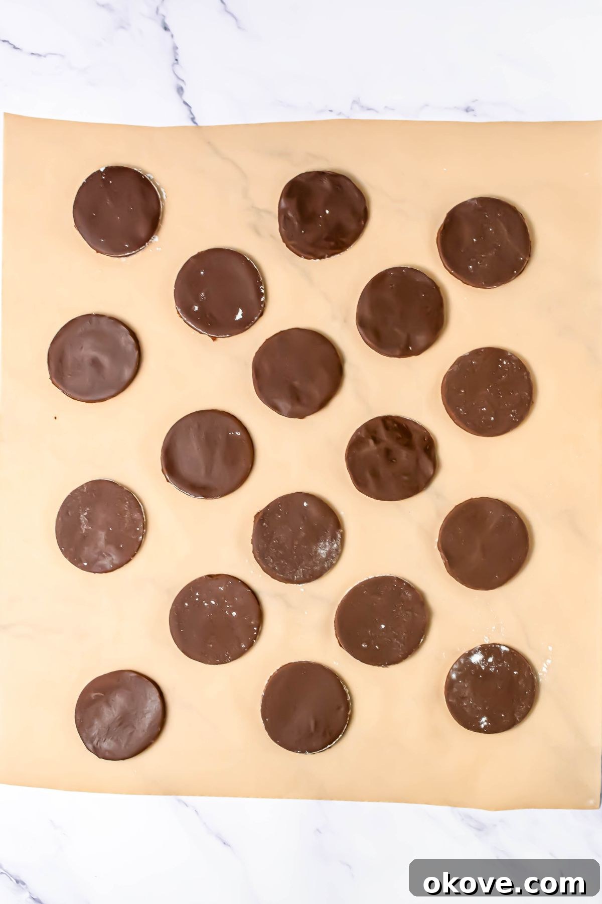 Chocolate cookies dipped in melting chocolate, then placed on a parchment paper to dry. 