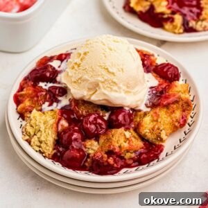 Golden crusted cherry dump cake on white plates topped with vanilla ice cream.