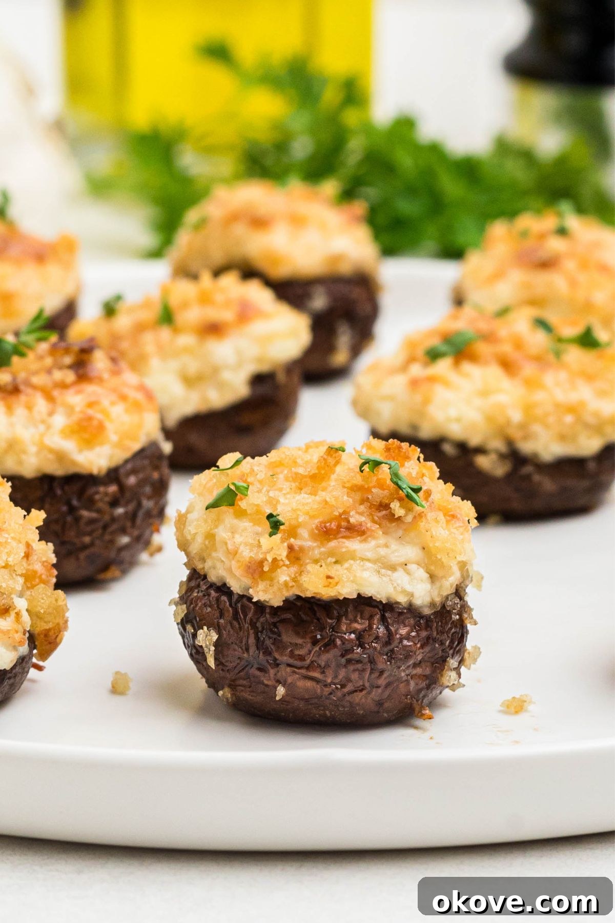 Brown mushrooms topped with cream cheese mixture and breadcrumbs, on a white plate. 