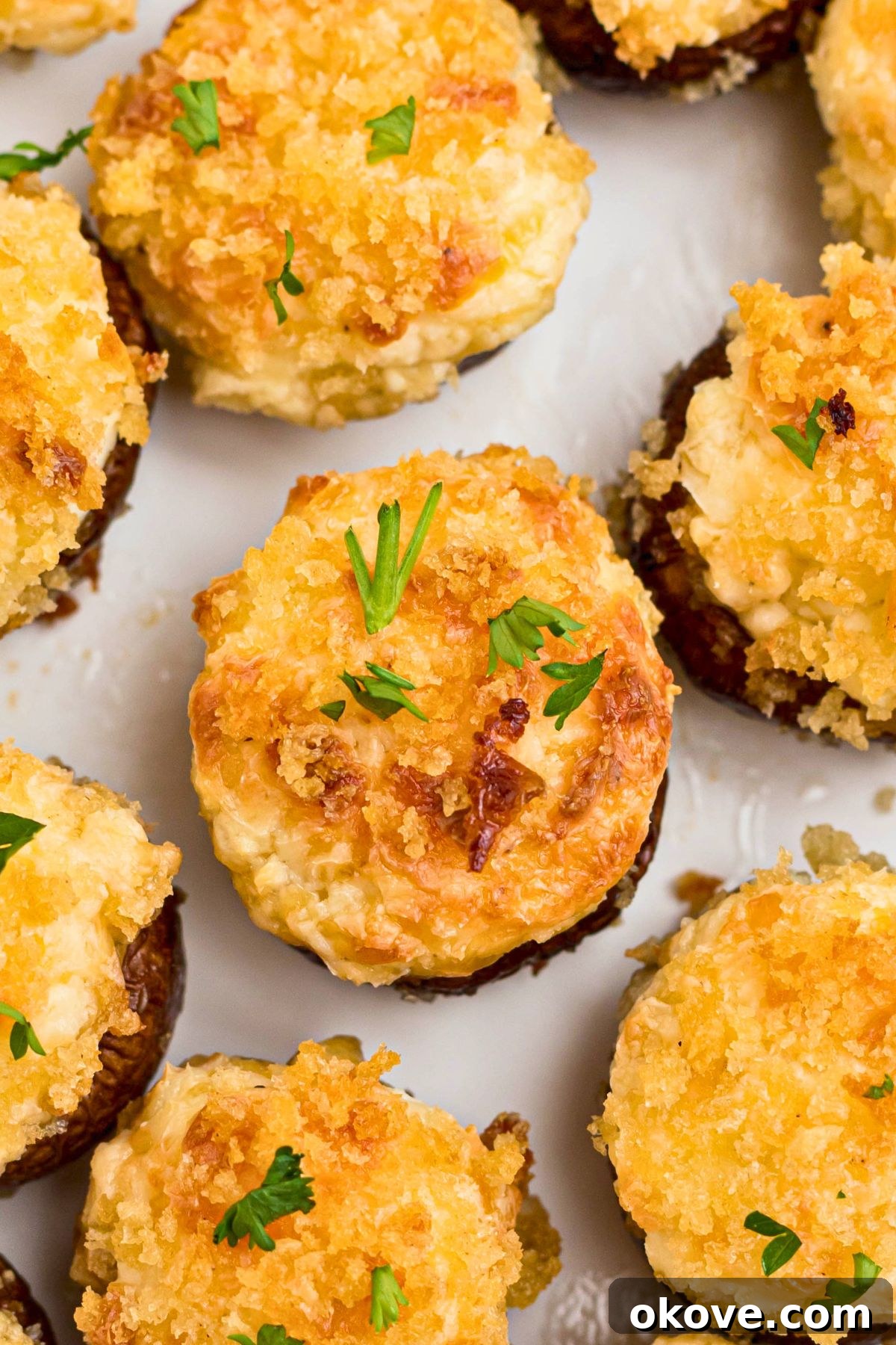 Close up image of stuffed mushrooms with parsley sprinkles garnish. 