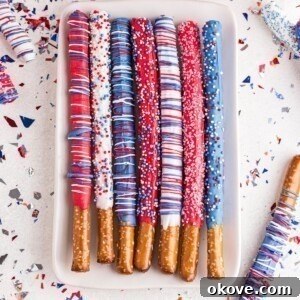 Fourth of July Recipes for a Memorable BBQ & Fireworks Night 50 Dipped pretzel rods in red, white, and blue colors with sprinkles.