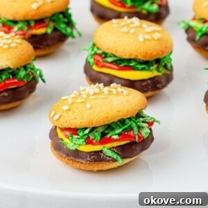 Hamburger cookies with coconut and frosting.