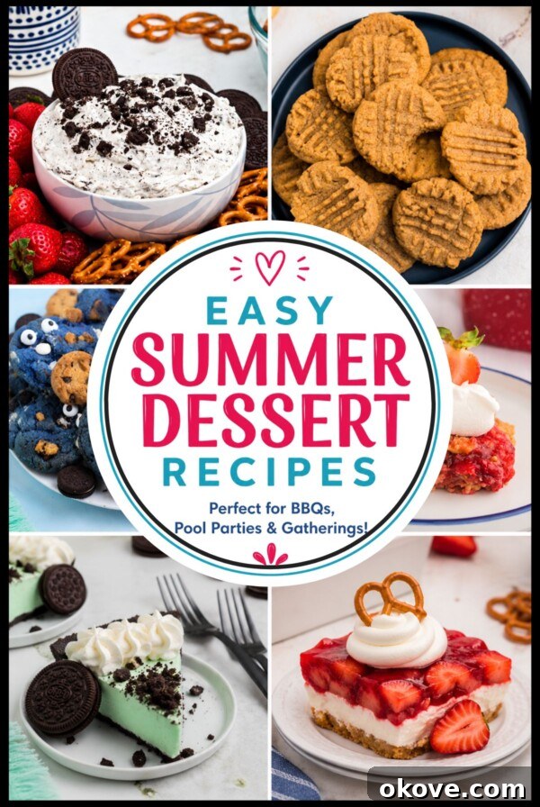 Irresistible Peach Dump Cake Recipe for Summer Desserts 11 Collage of summer desserts including Oreo dip, coconut delight, grasshopper pie, strawberry dump cake, patriotic truffles, flag fruit pizza, Cookie Monster cookies, and strawberry pretzel salad.