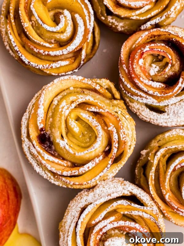 Apple roses on a white rectangle plate, sprinkled with powdered sugar.