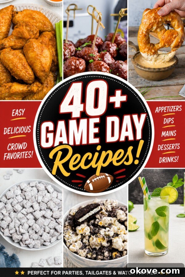 Game-Day Football Cookies: Recipes and Decorating Ideas 14 Collage of game day recipes including wings, dips, and snacks