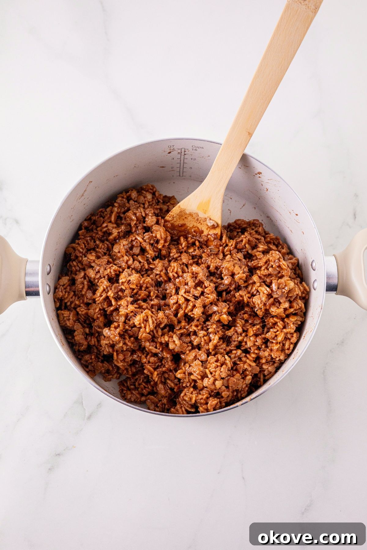 Rice Krispies cereal mixed with melted butter, marshmallows, and cocoa powder, in a large saucepan. 