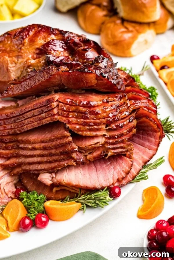 Golden juicy sliced ham on a white platter with cranberry and orange slices as a garnish.