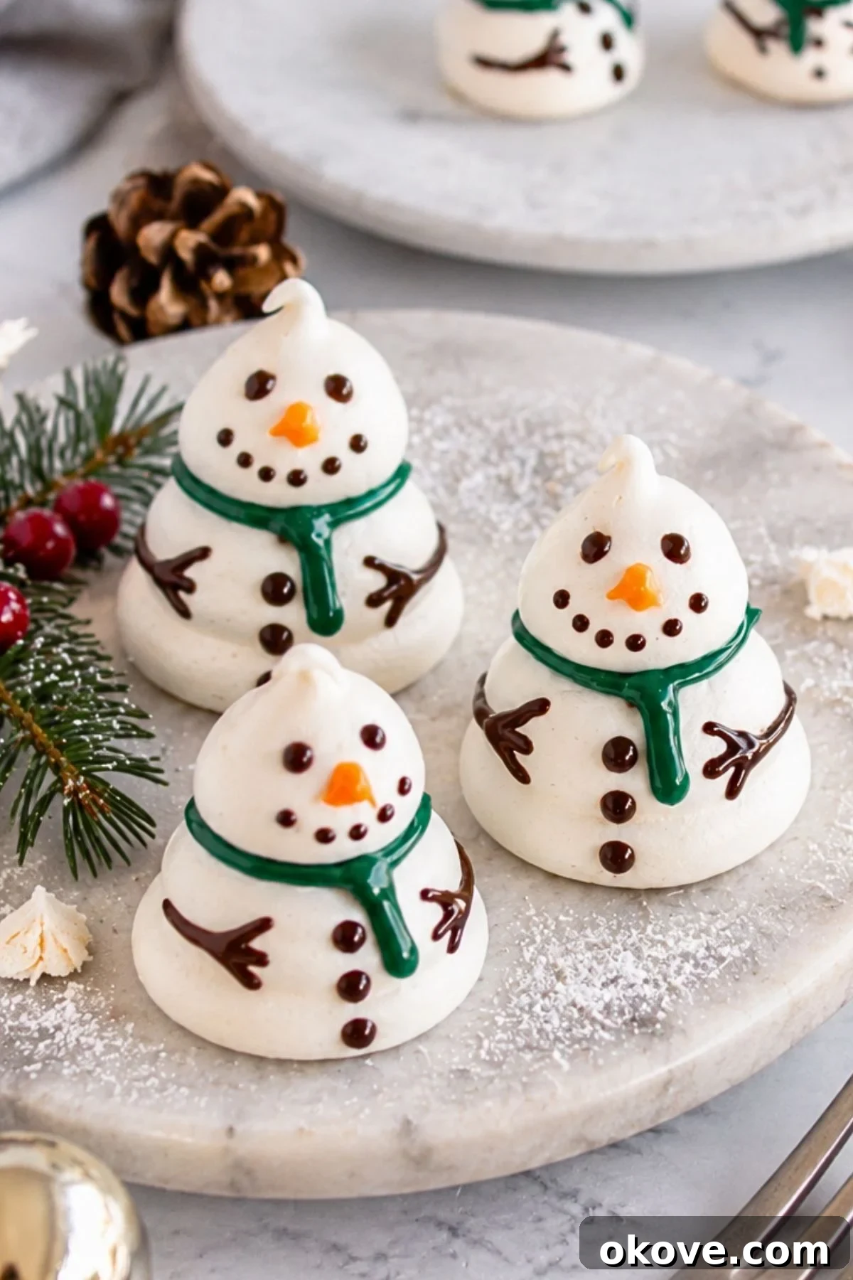 White cookie snowmen on a white plate with holiday decorations around the table.